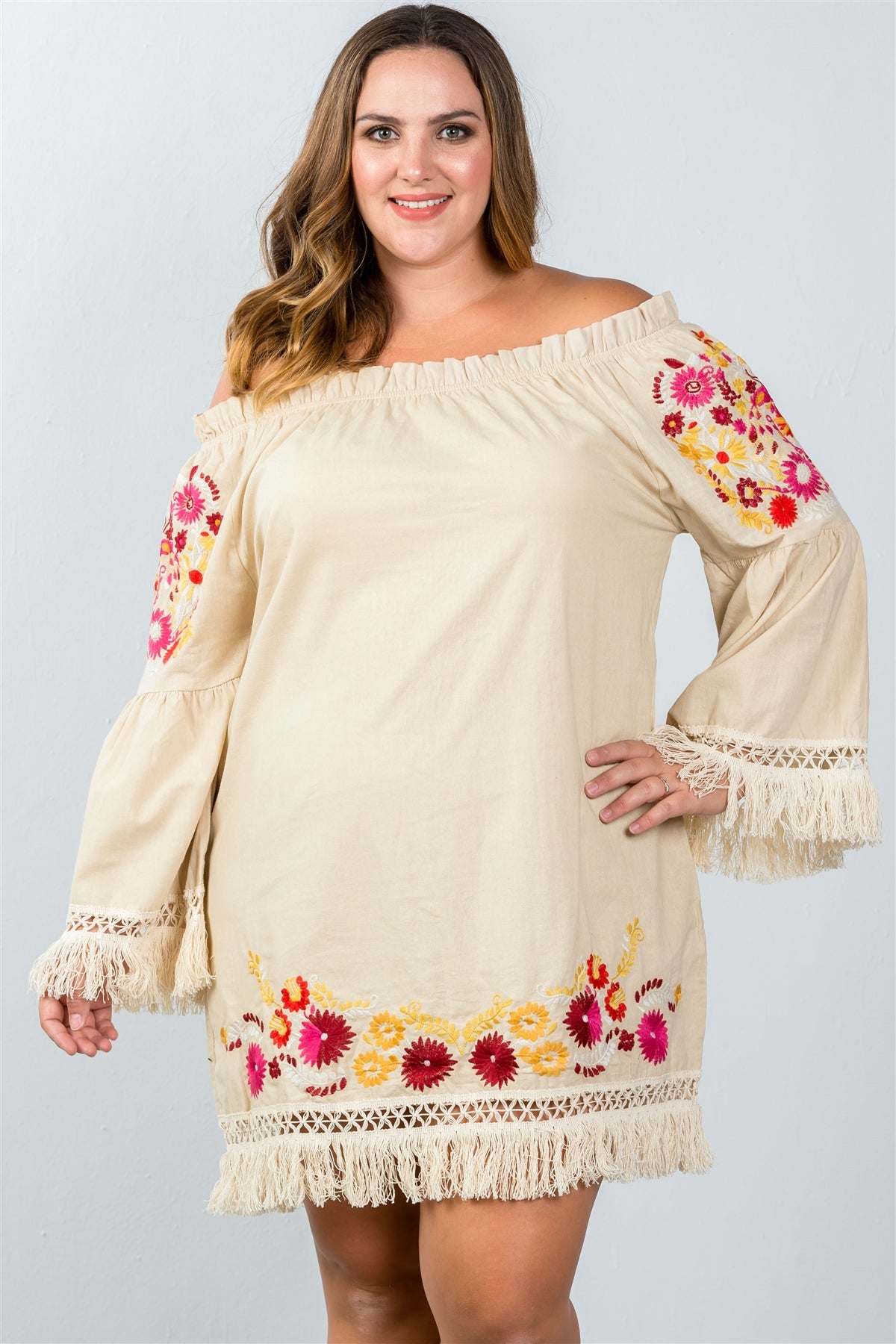 Ladies fashion plus size frayed embroidered floral dress