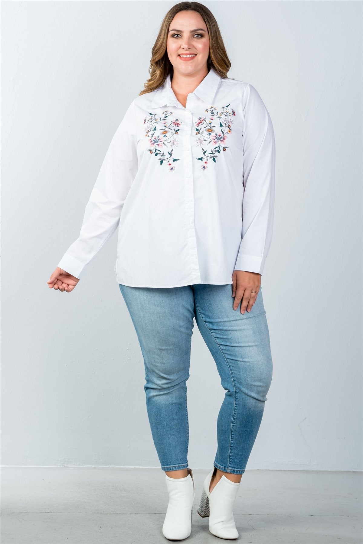 Ladies fashion plus size floral embroidered button down shirt