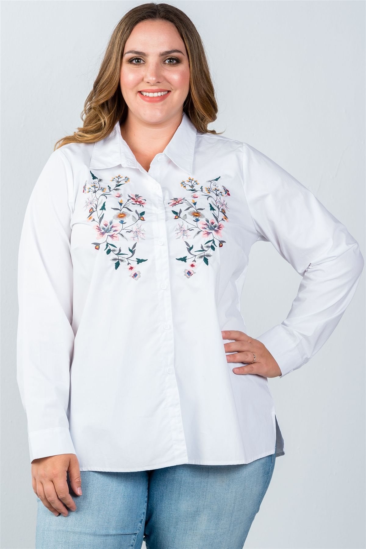 Ladies fashion plus size floral embroidered button down shirt