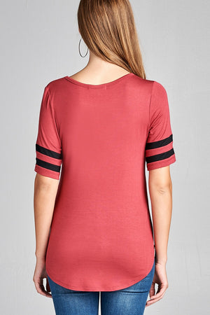 Ladies fashion plus size short double stripe sleeve round neck rayon spandex top