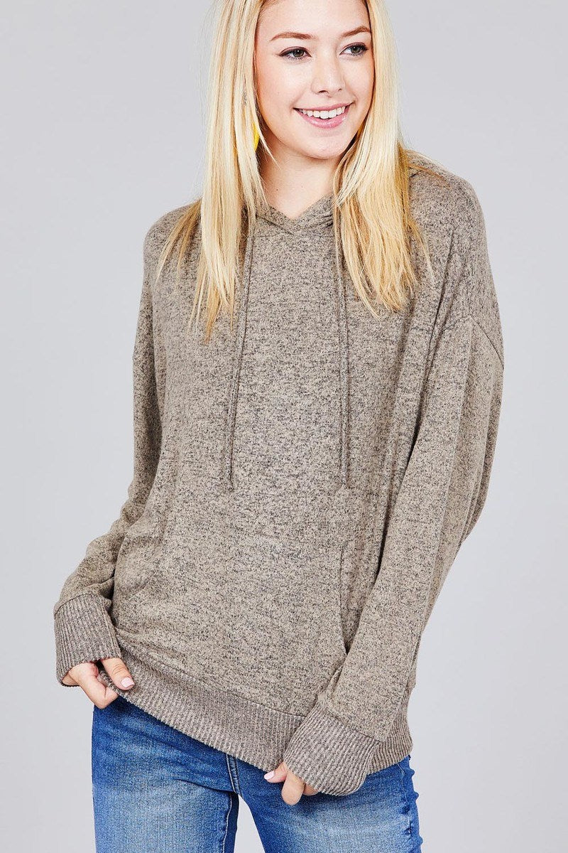 Ladies fashion long sleeve hoodie w/drawstring brushed hacci knit top