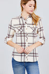 3/4 Roll Up Sleeve Front Pocket Detail Plaid Check Print Stretch Knit Shirts