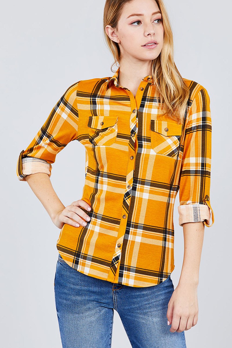 3/4 Roll Up Sleeve Front Pocket Detail Plaid Check Print Stretch Knit Shirts
