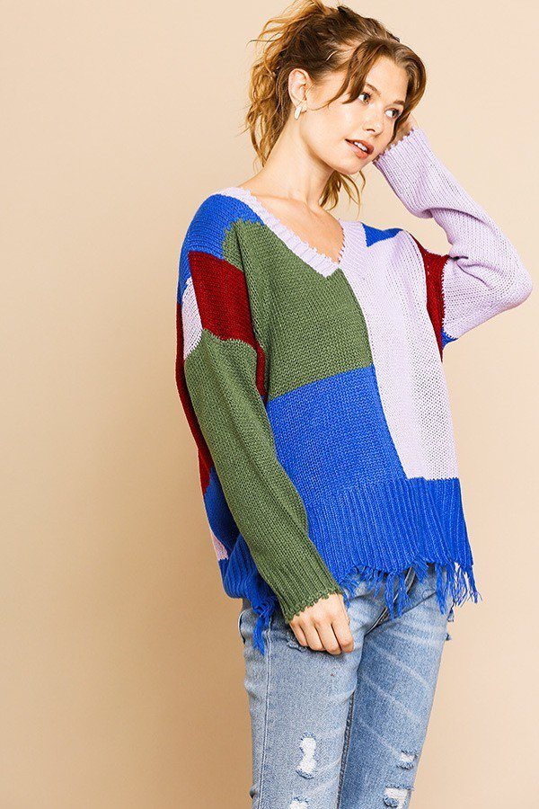 Color Blocked Long Sleeve V-neck Knit Pullover Sweater