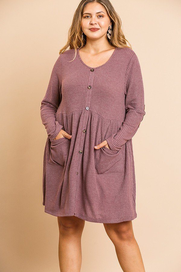 Waffle Knit Long Sleeve Round Neck Faux Button Front Babydoll Dress