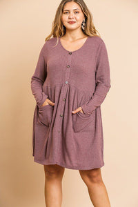 Waffle Knit Long Sleeve Round Neck Faux Button Front Babydoll Dress