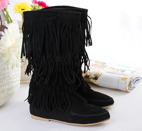 COVOYYAR Hot 3 Layers Fringe Boots 2018 Low Heel Tassel Moccasin Flat Mid-Calf Women Boots Plus