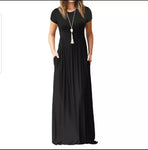 Casual Pocket Solid Long Dresses Women Maxi Dress Short Sleeve