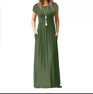 Casual Pocket Solid Long Dresses Women Maxi Dress Short Sleeve