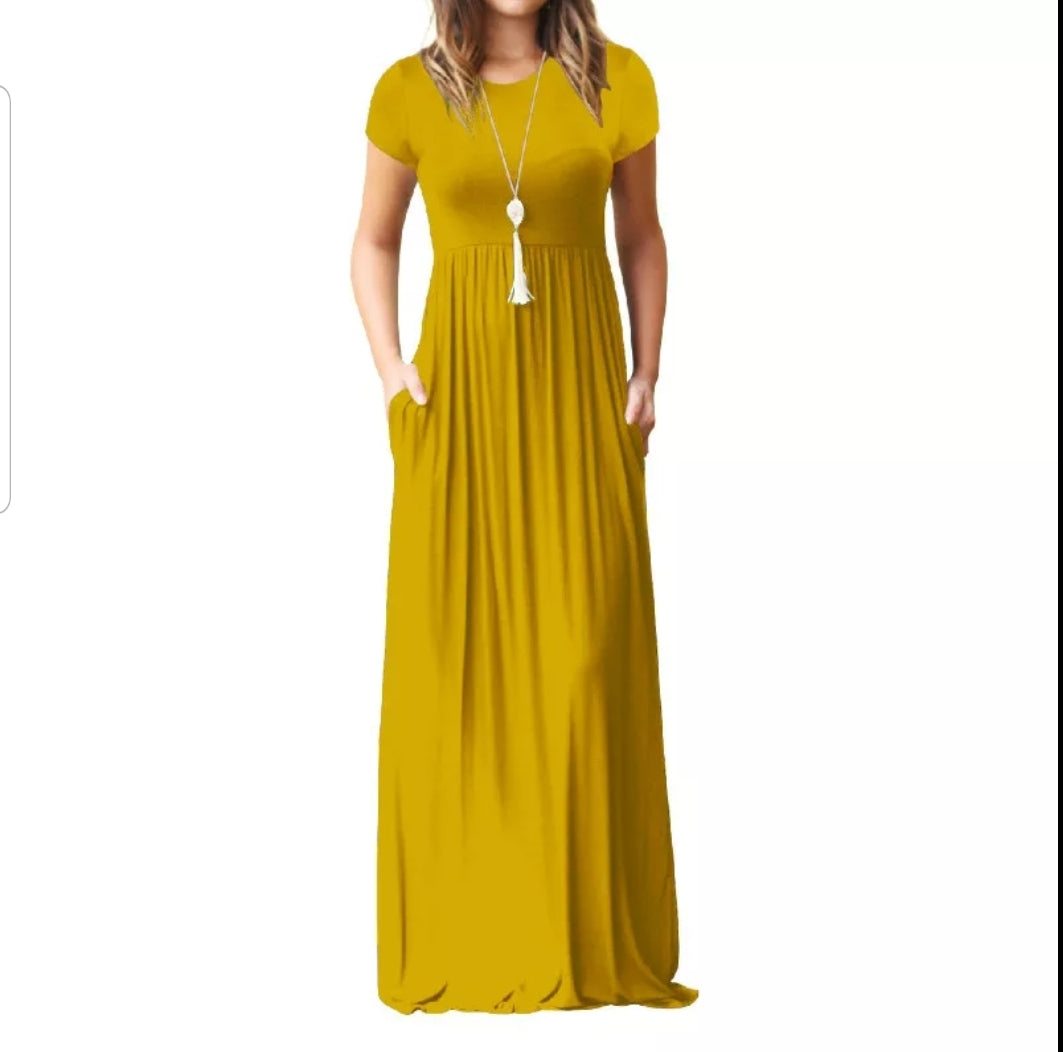 Casual Pocket Solid Long Dresses Women Maxi Dress Short Sleeve