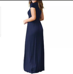 Casual Pocket Solid Long Dresses Women Maxi Dress Short Sleeve