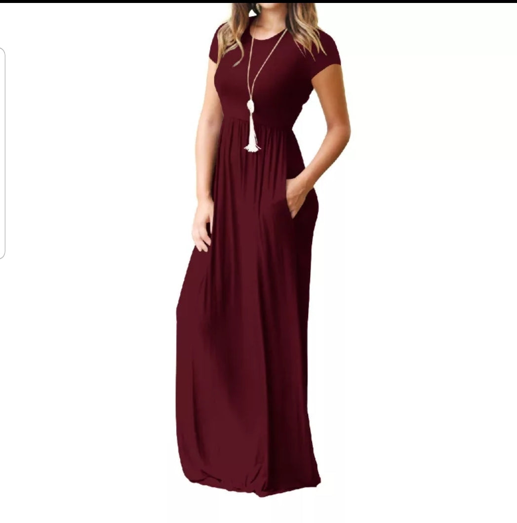 Casual Pocket Solid Long Dresses Women Maxi Dress Short Sleeve