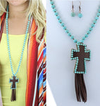 Cross Necklace
Leather Tassel 4.5 Inches 
Turquoise Beaded Chain
with Matching Fish Hook Earrings 