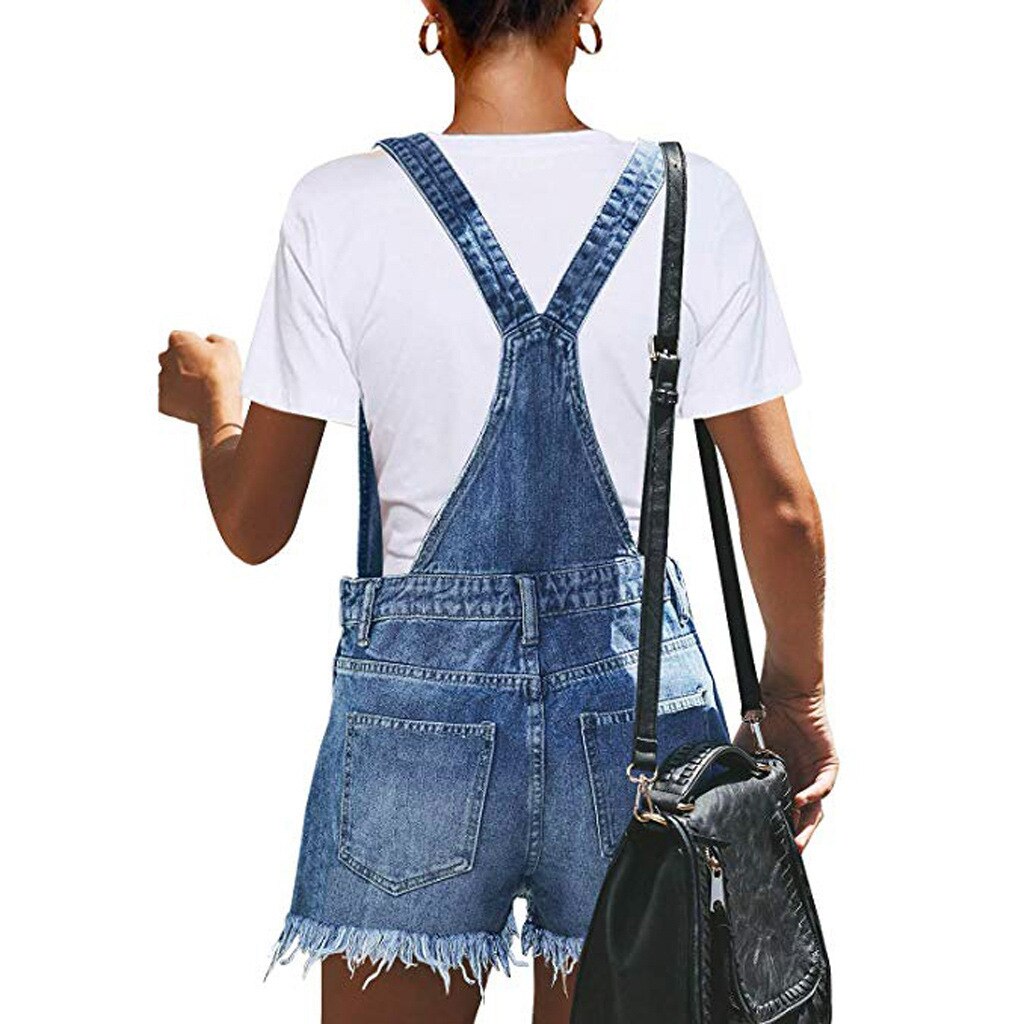 Woman Blue Tassel Ripped Jeans Overalls