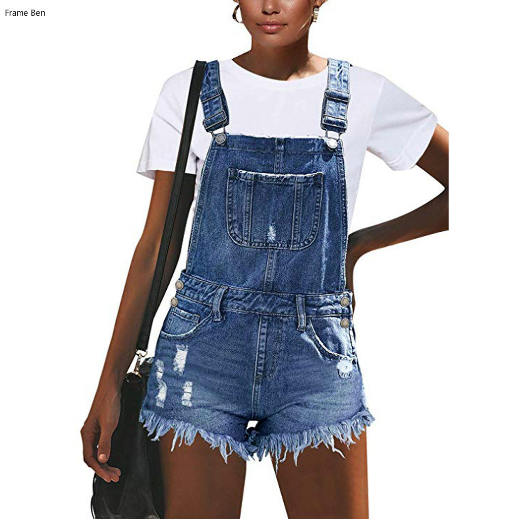 Woman Blue Tassel Ripped Jeans Overalls