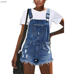 Woman Blue Tassel Ripped Jeans Overalls