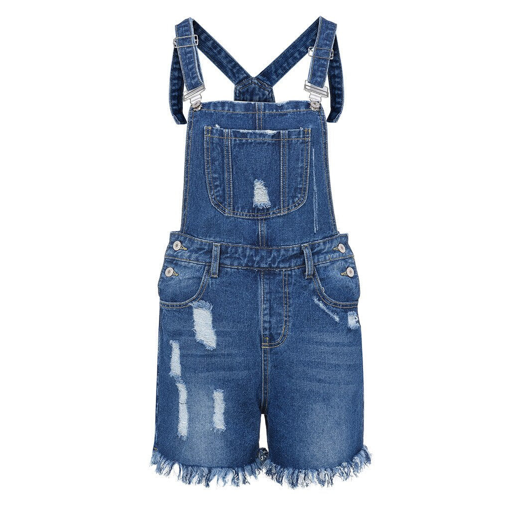 Woman Blue Tassel Ripped Jeans Overalls