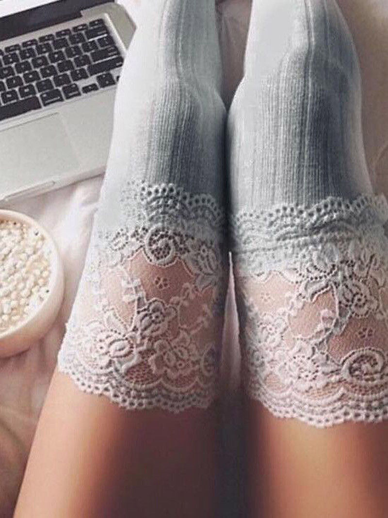 Women Lace Stockings Cable Knit Floral Over Knee Long Boot Thigh-High Warm Stocking Fashion
