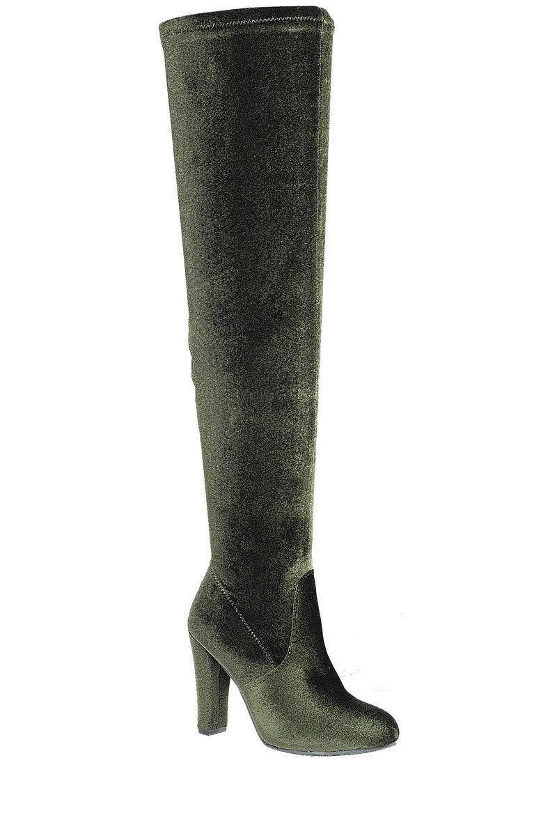 Ladies fashion velvet over-the-knee boot, closed almond toe, block heel, zipper closure