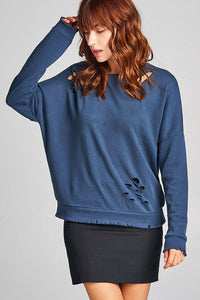 Ladies fshion long sleeve distressed solid french terry top