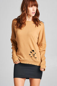 Ladies fshion long sleeve distressed solid french terry top