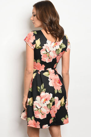 Ladies fashion short sleeve multi color floral print skater dress with a rounded  neckline